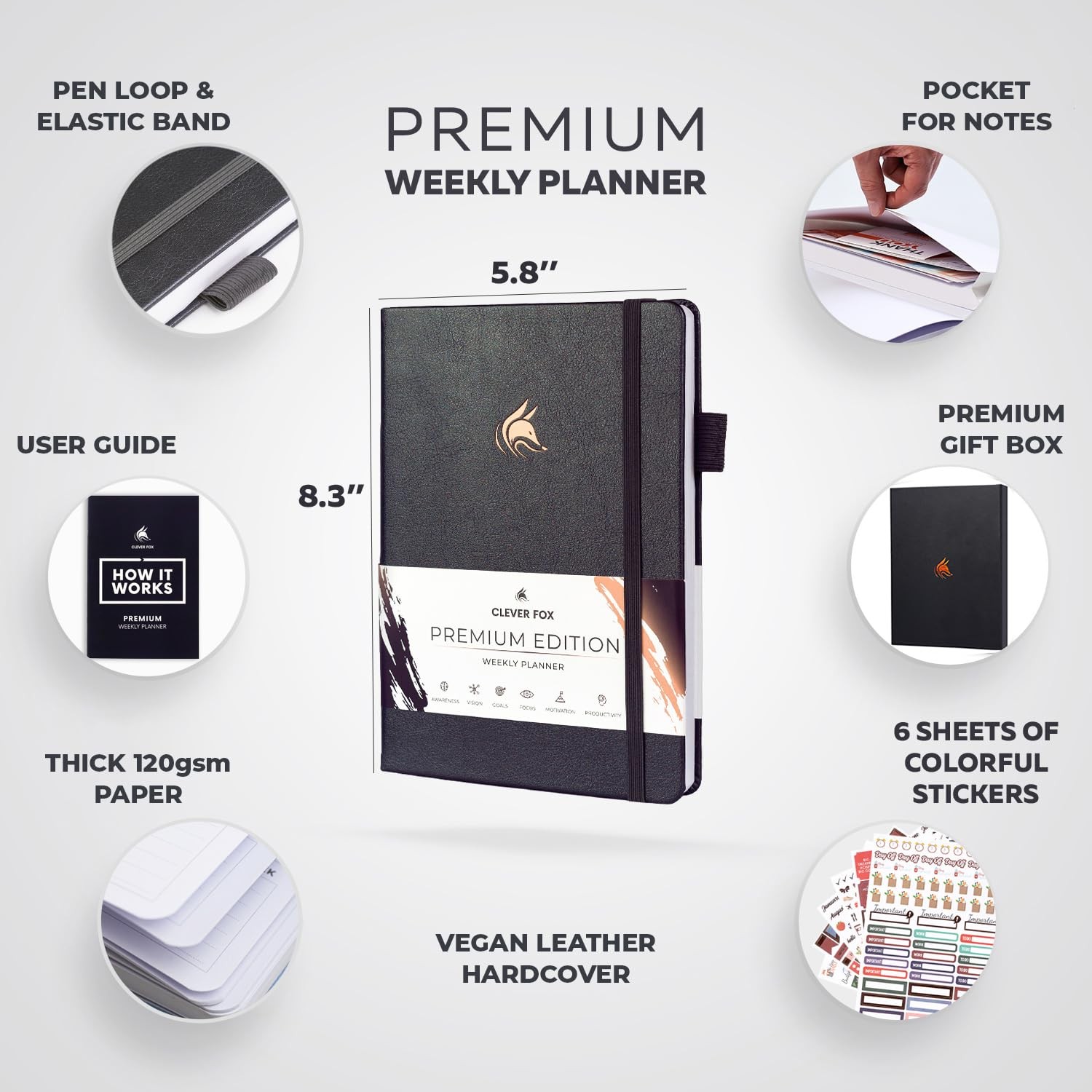 Clever Fox Planner Premium Edition – Undated A5 (5.8” x 8.3”), Silver Black