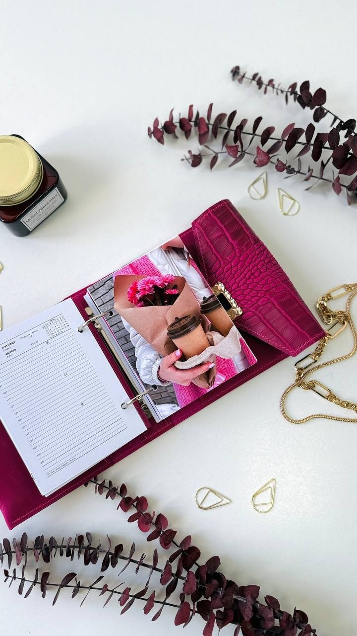 Pink leather notebook cover A7 binde rings mini wallet. Dated planner gift.