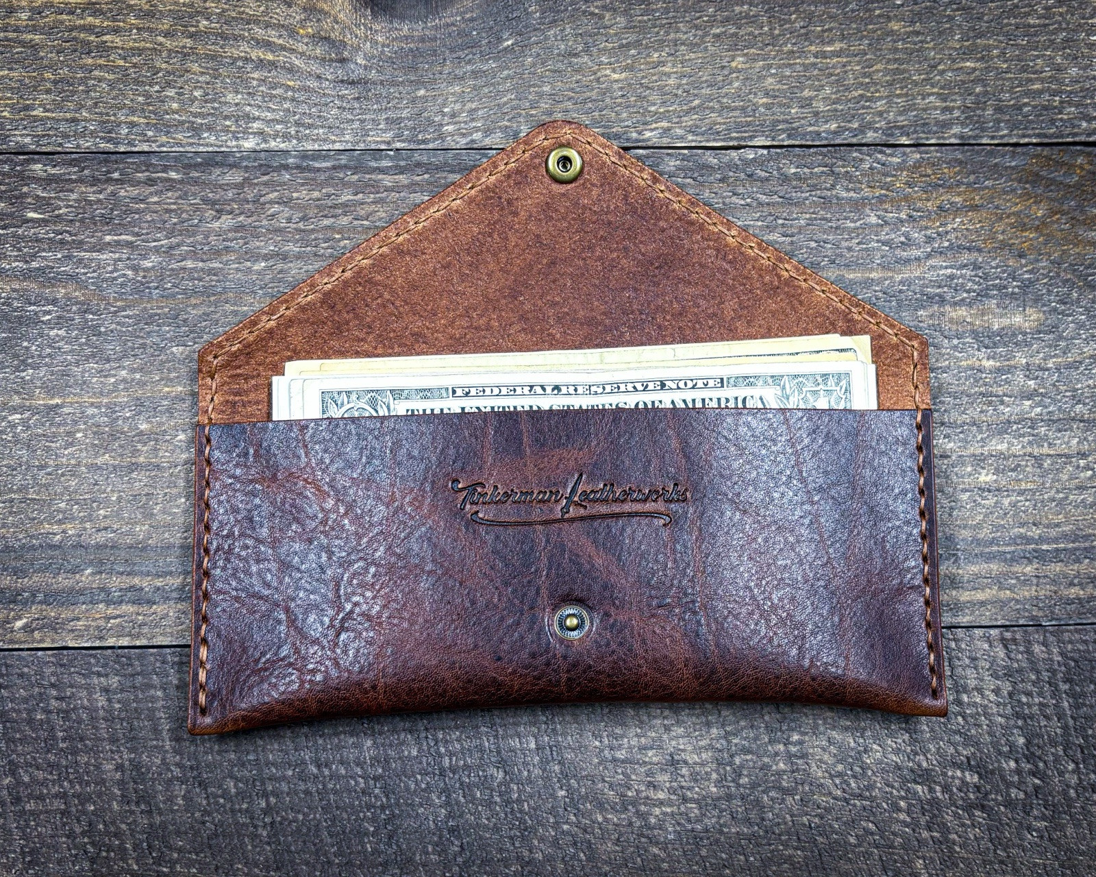 Leather cash envelope handmade Tinkerman Leatherworks Harvest Tan