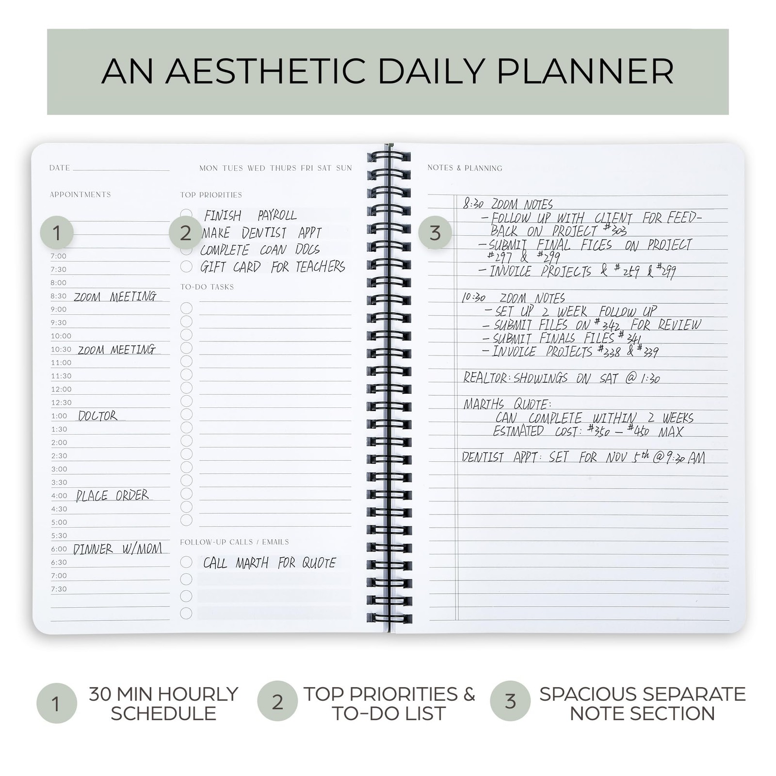 Zicoto Beautiful Daily Planner And Notebook Hourly Schedule – Aesthetic Spiral