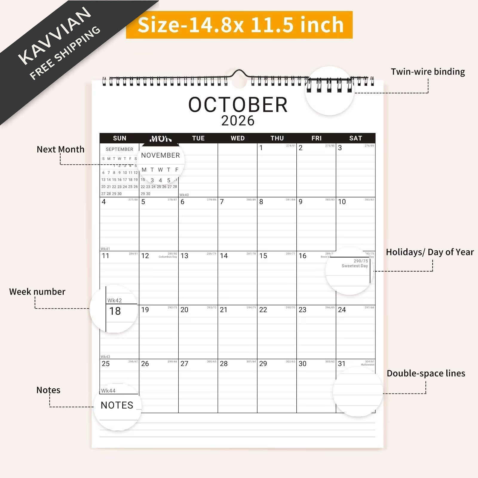 2026 Wall Calendar, 12 Month 11.5”x14.8 ‘’ Year Monthly White2_11x14.5_Vert