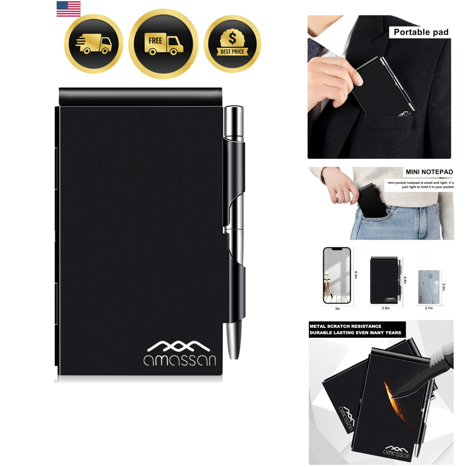 Mini Pocket Notebook Metal Cover Small Notepad with Pen 60 Pages