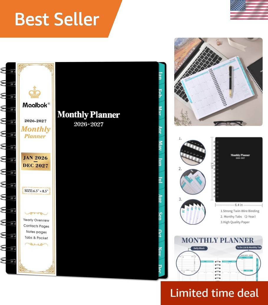 Classic Black 2026-2027 Monthly Planner – 2 Agenda with Twin-Wire Binding