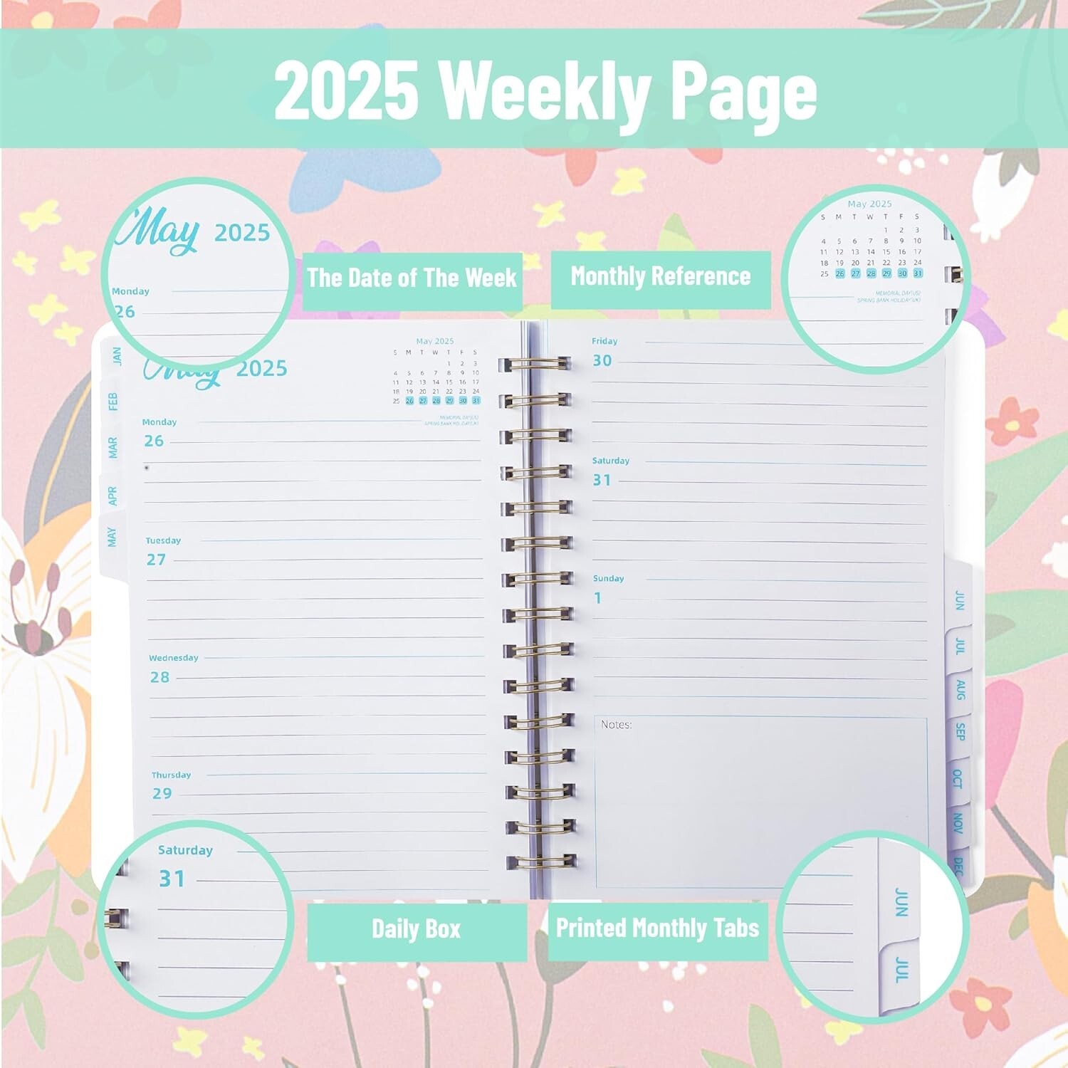 2025 Weekly /Monthly spiral planner, appointment book -6.4″x8.5″ – pink color
