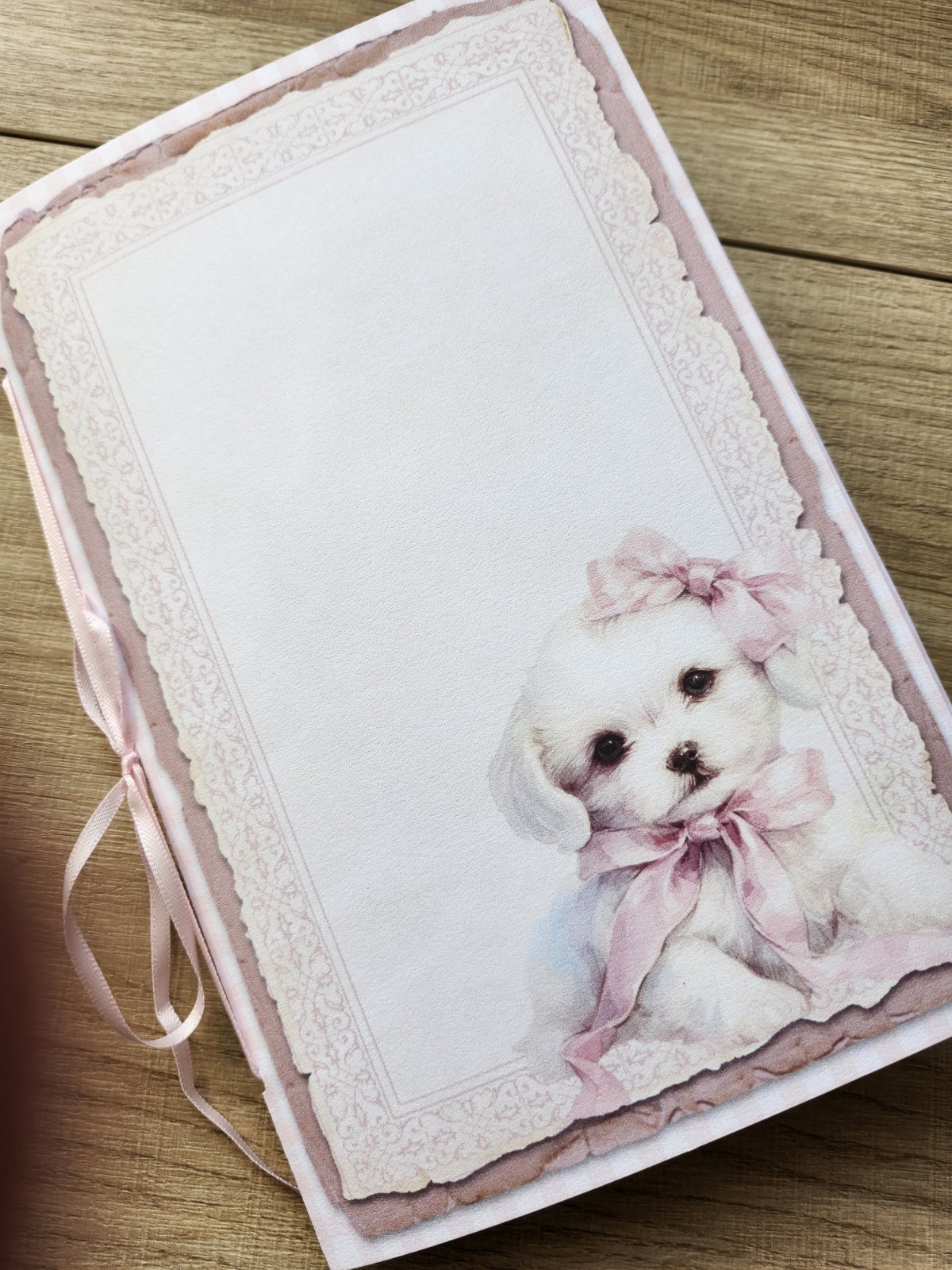 Junk Journal Blank Booklet “COQUETTE PRINCESS” Handnade Pink Bows Puppies LG