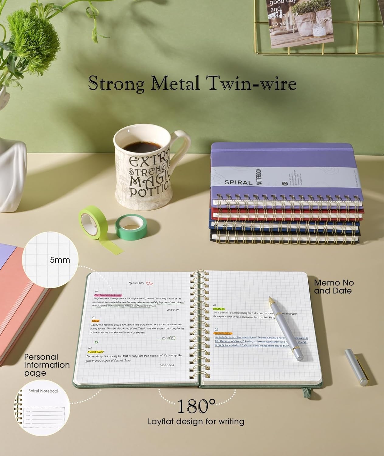 Graph Spiral Journal Notebook, A5 Hardcover Spiral Journals for Women Men, 100 G