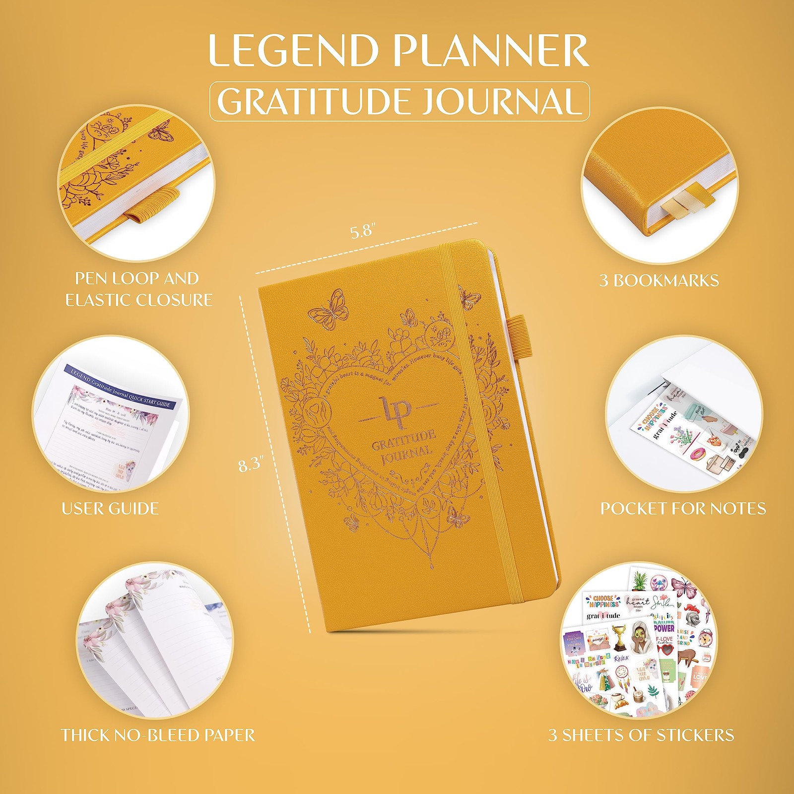 Legend Gratitude Journal – Daily A5 (5.8” x 8.3”), Amber Yellow Gold Foil