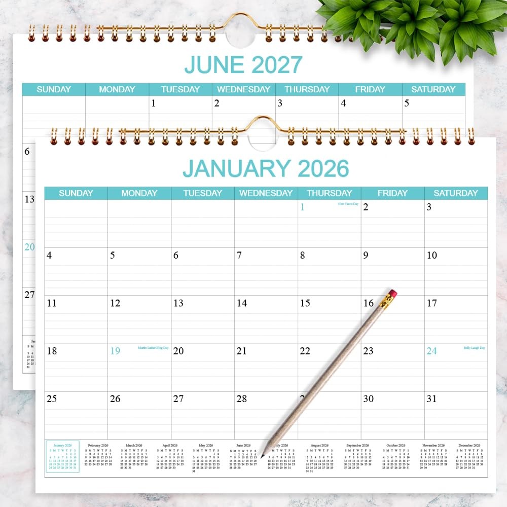 Calendar 2026-2027 – Wall Runs Apr 2026 14.5″ x 11.5″ Teal, Holiday