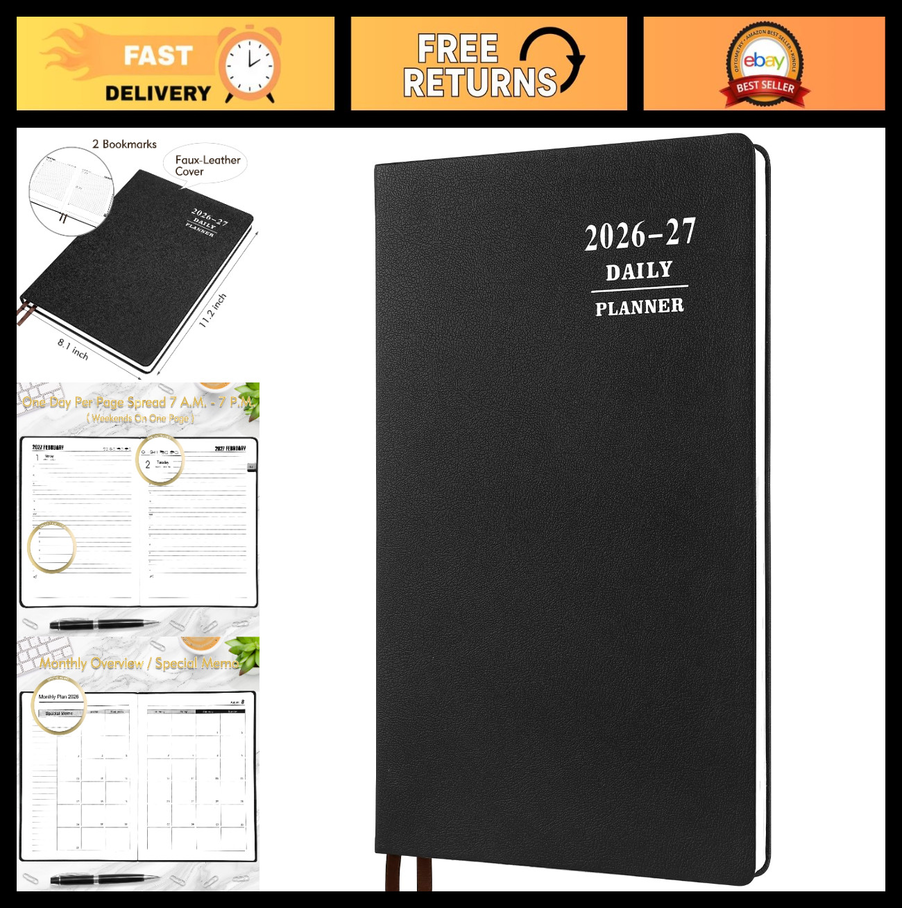 Large Daily Planner 2026-2027, Full Page Per Day, Hourly Schedule, 8.5″x11″, Aca