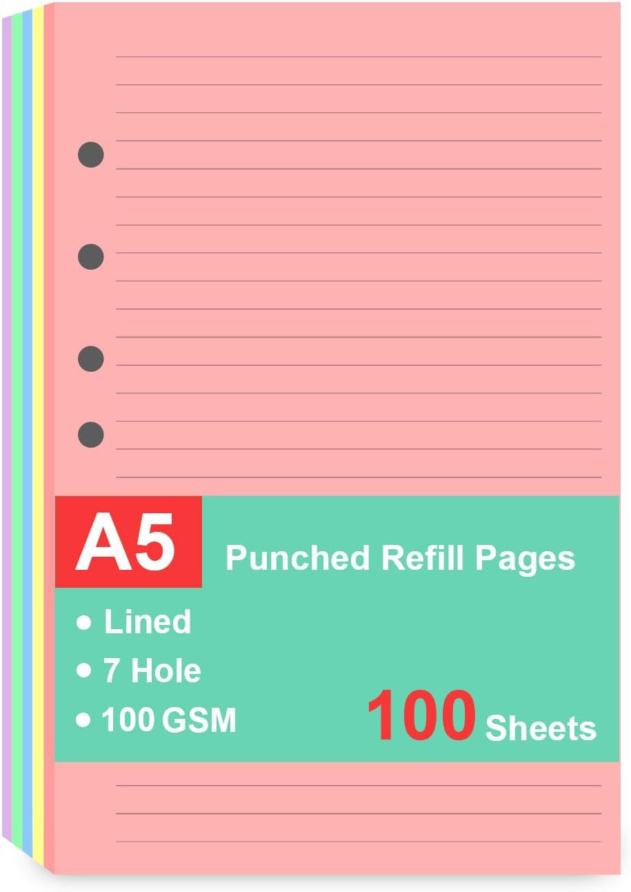7-Hole Lined Refills Paper, A5 Filler Paper for Planner Inserts, A5 Loose Leaf P