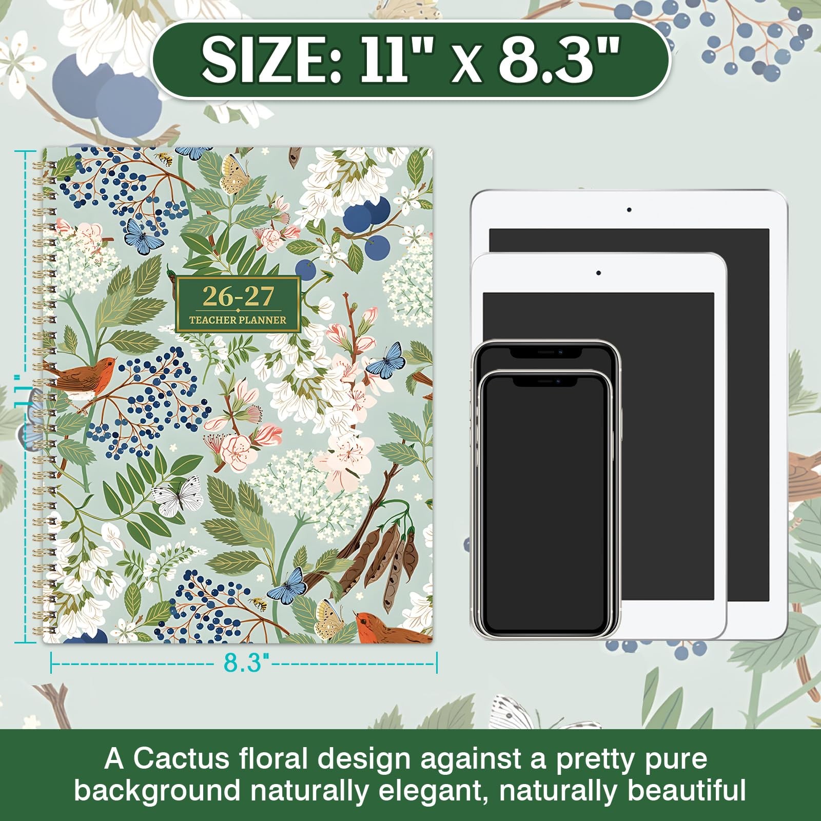 Teacher Planner 2026-2027 – Lesson 9″x11″, Green & Floral