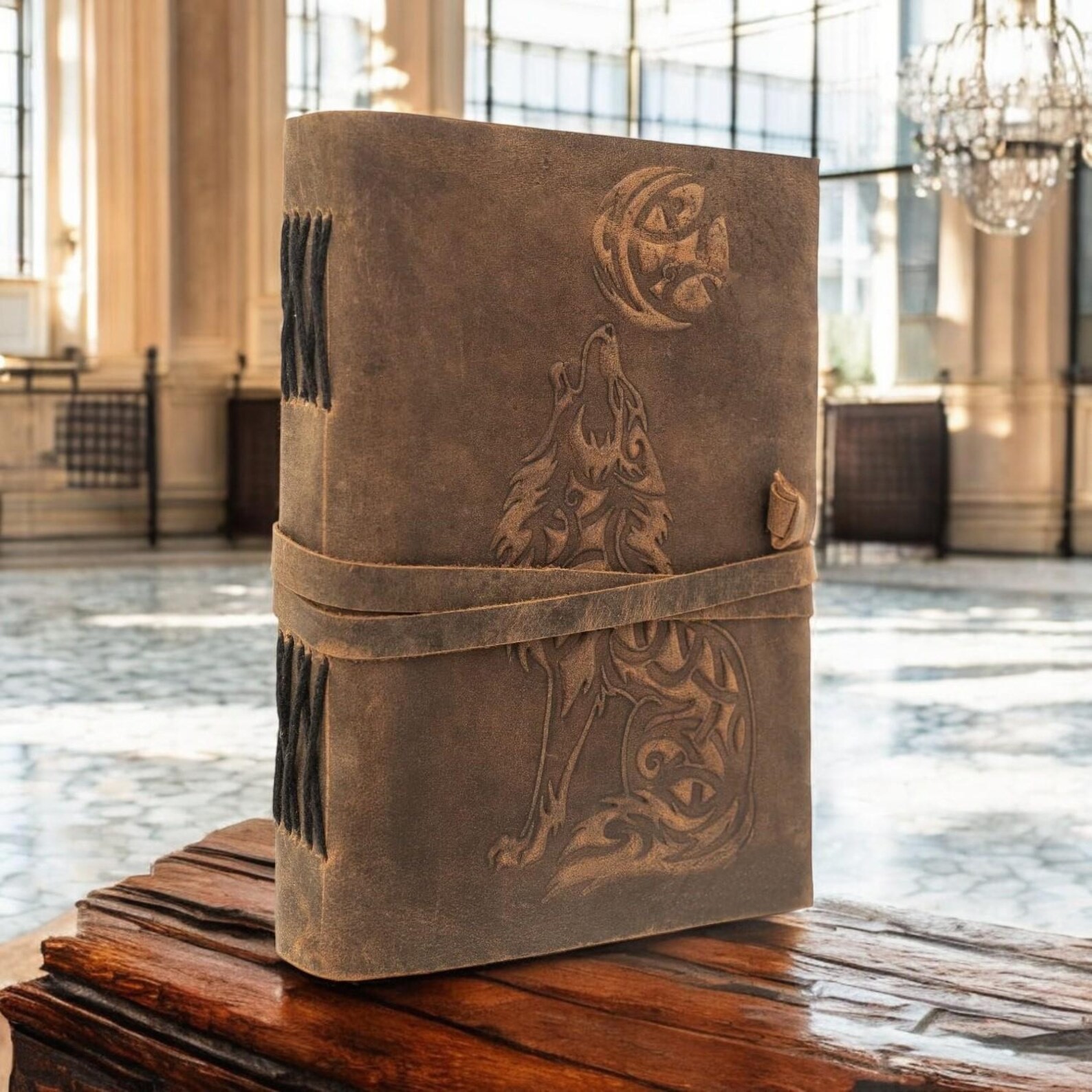 Leather Journal Handmade 7×5″ Wolf Embossed Diary | 200 Unlined Blank Pages