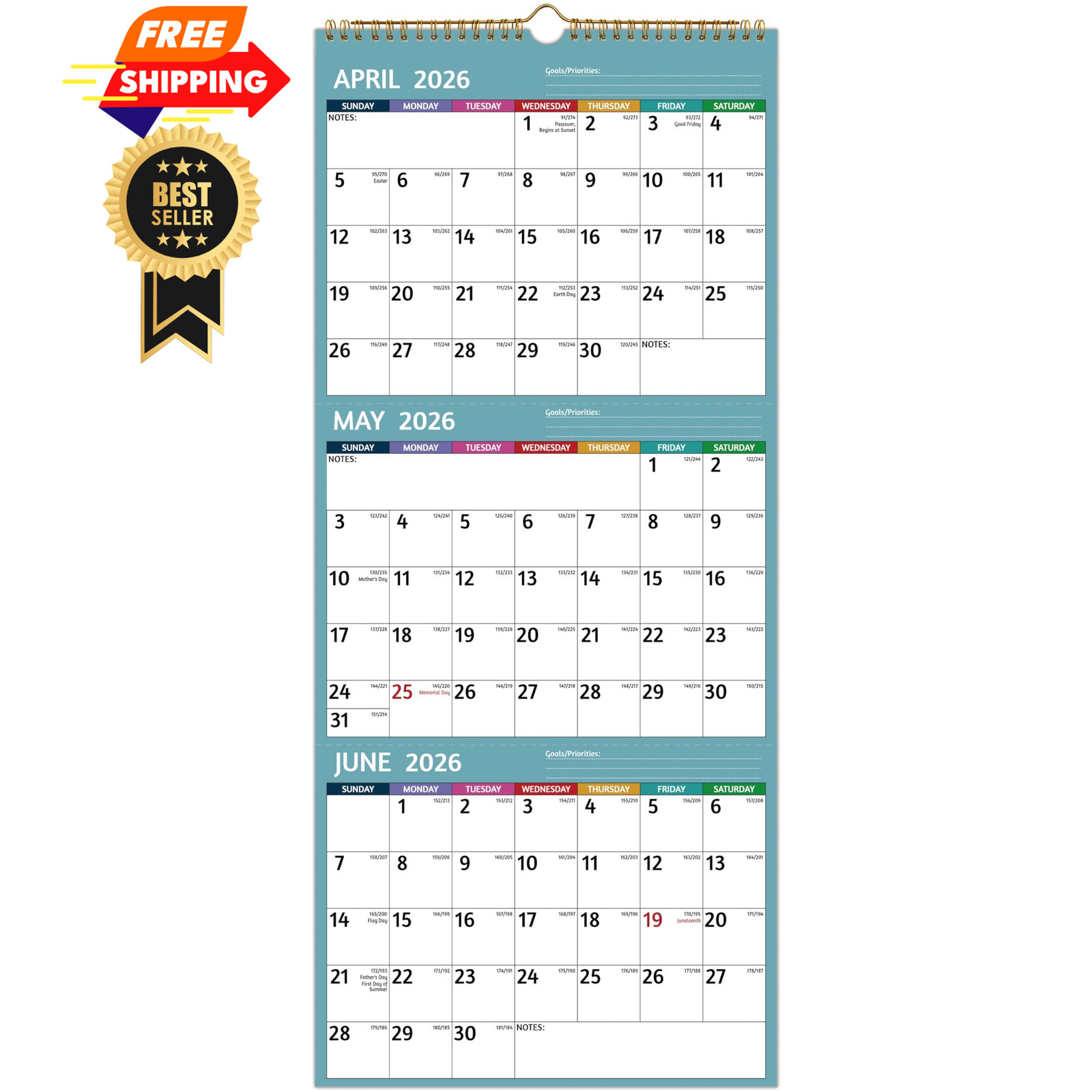 Wall Calendar 2026-2027 – 3 Month Vertical, Apr 2026 -…
