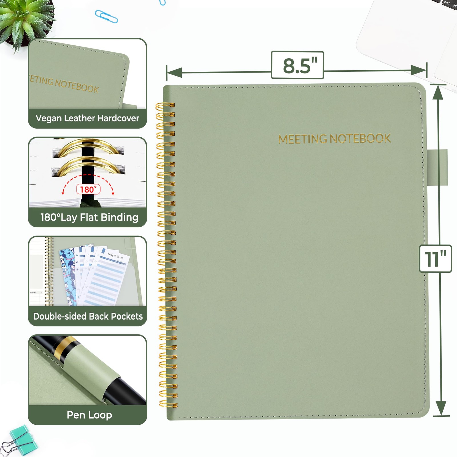 SUNEE Half Meeting Note – 8.5″x11″ Professional A4 8.5″x11″, Sage Green