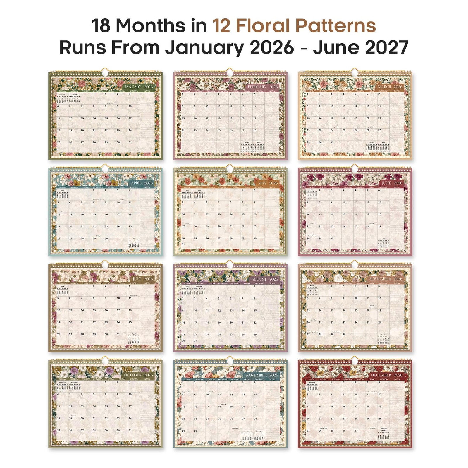 Calendar 2026-2027, Monthly Wall Old(Runs Until June 2027), g-Garden Repose