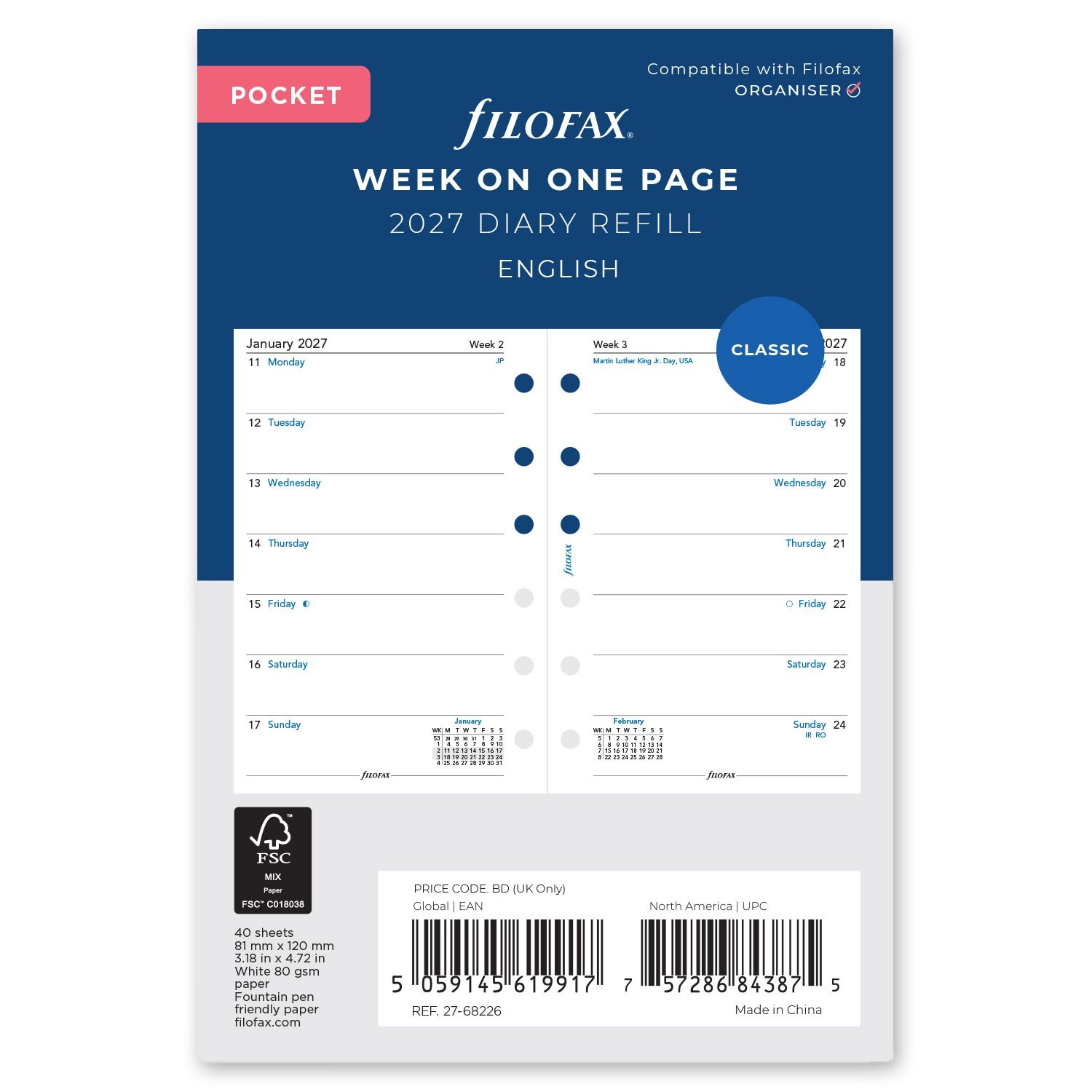 2026 Filofax Pocket Size Refill 26-68226, Week on One Page, 81mm x 120mm