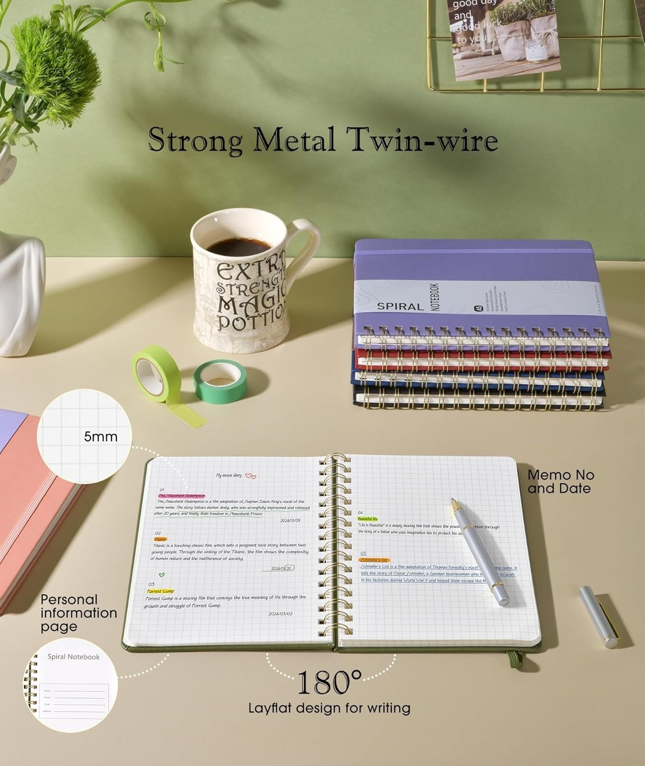 Graph Spiral Journal Notebook, A5 Hardcover Spiral Journals for Women Men, 100 G