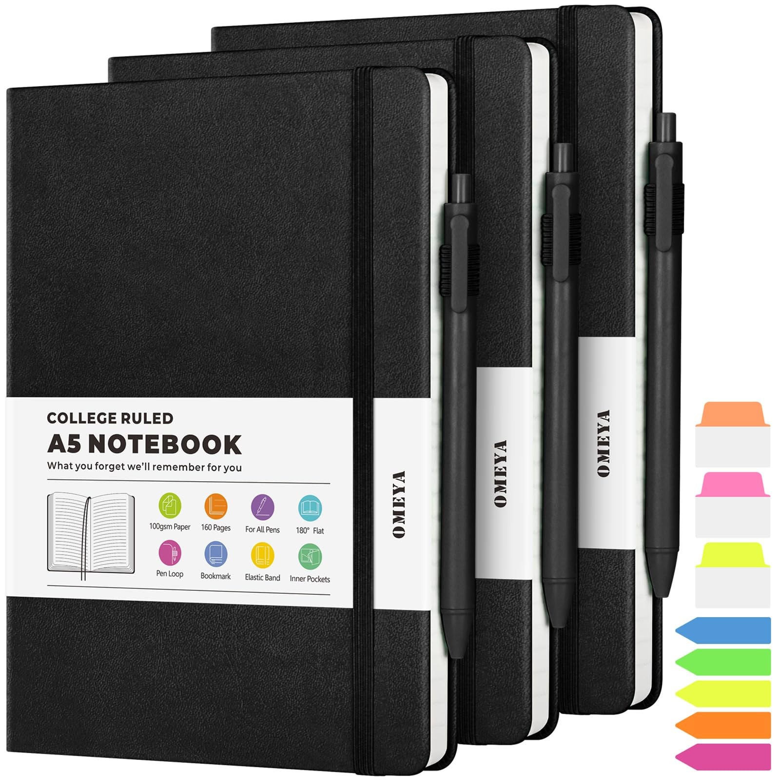 OMEYA Lined Journal Notebook, 3 Pack A5 College Ruled Notebooks for A5, Black