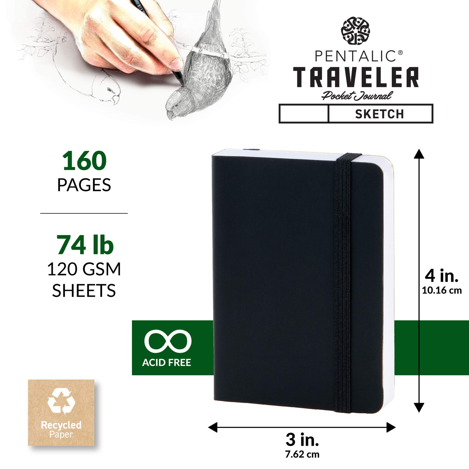 Pentalic 3″ x 4″ Pocket Sketchbook Traveler Journal, 160 Pages, Black