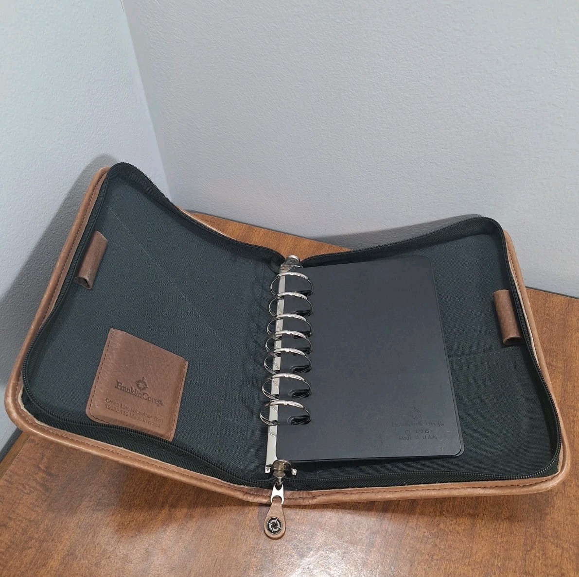 Vtg Franklin Covey Planner Dark Green Canvas Tan Leather Trim 8×10 Zip Closure