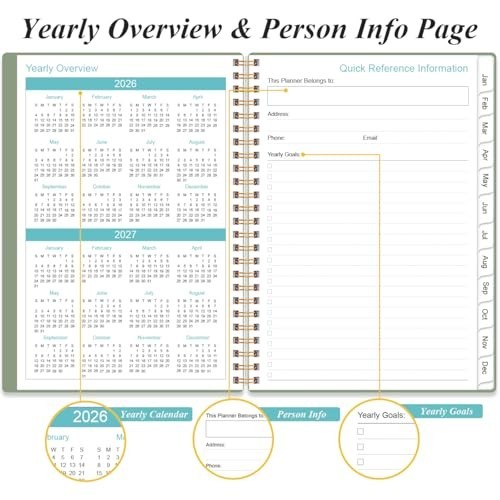 2026 Daily Planner – Full Page Per Day, Monthly Tabs, 6.4″x8.5″, Green, Jan-Dec