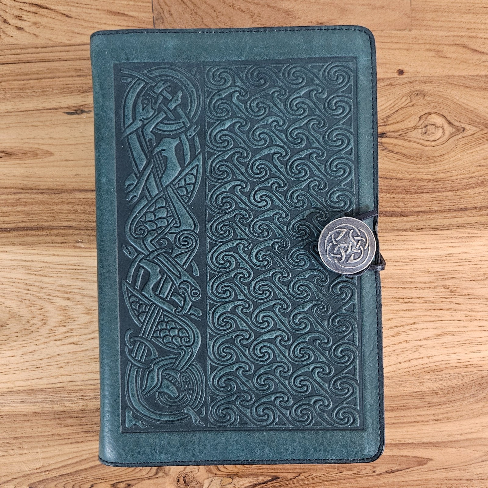 Oberon Design Leather Celtic Hounds 6×9 Journal, Green, NEW
