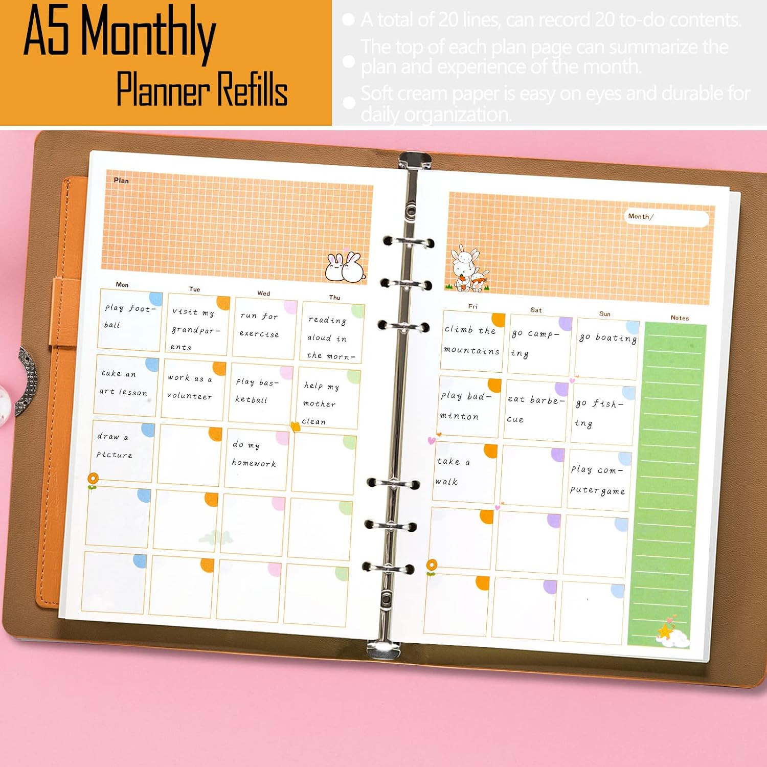 A5 Planner Inserts Monthly Planner Refills, 90 Pages Colorful 6-Ring