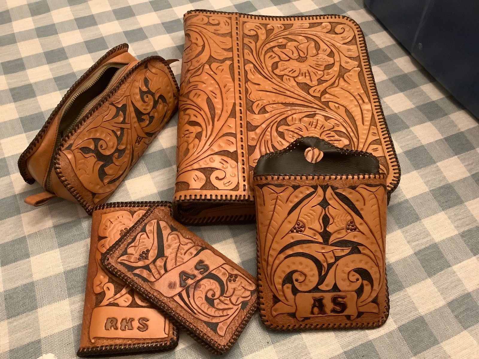 Custom Made Hand Tooled Leather Binder Wallet Pouch 5 PIECE LOT!!! Matching SET!