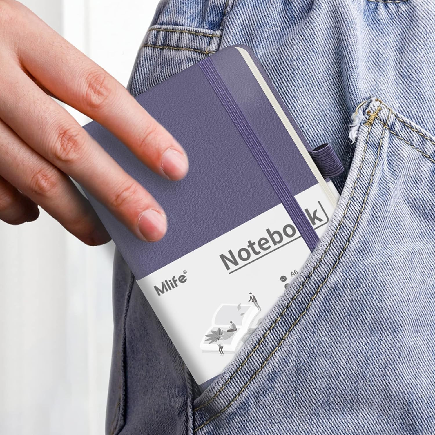 A6 Hardcover Lined Pocket Notebook with Pen Holder, 192 Pages, Purple