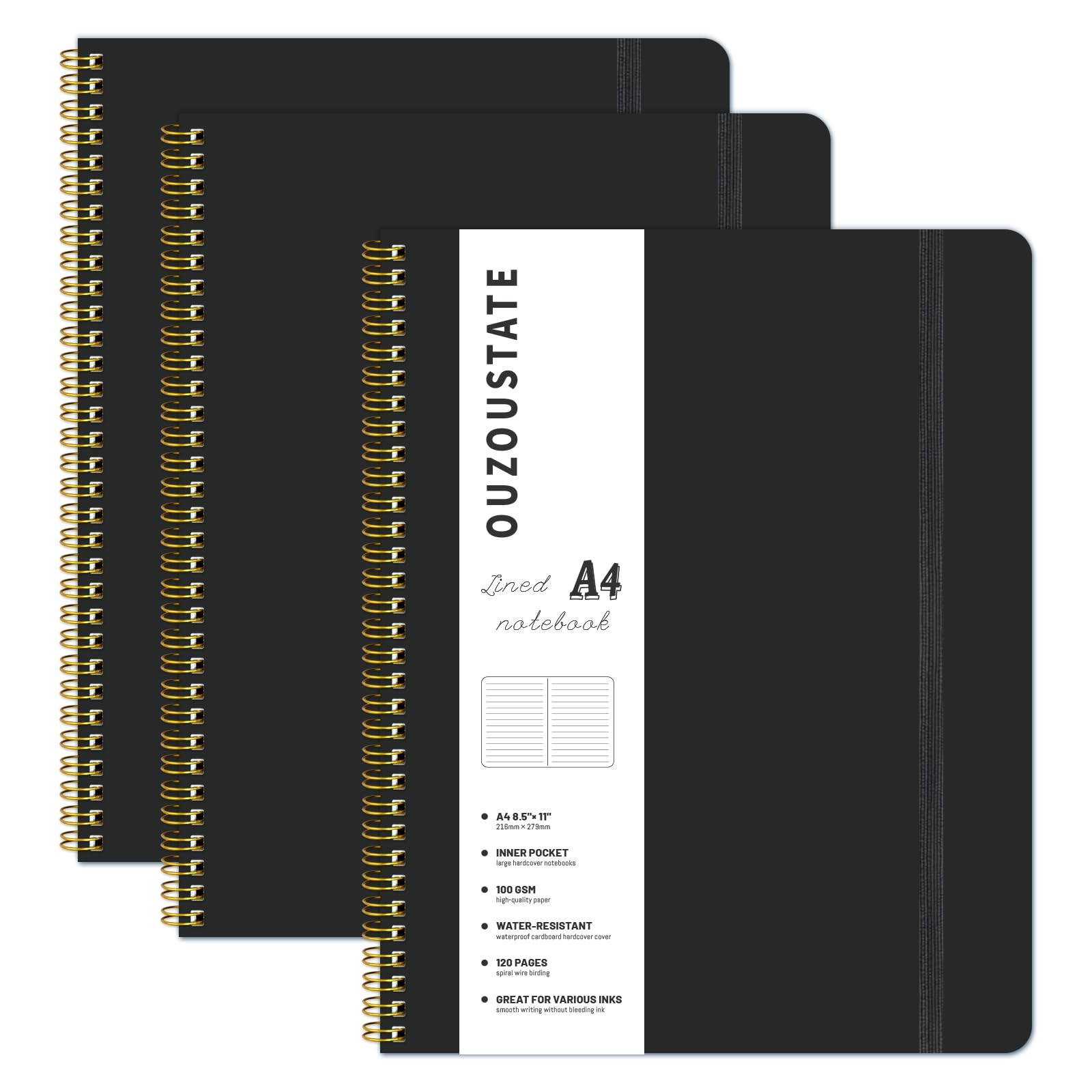 Ouzoustate Lined Spiral Notebook A4 Hard Cover 8.5″ x 11″, black