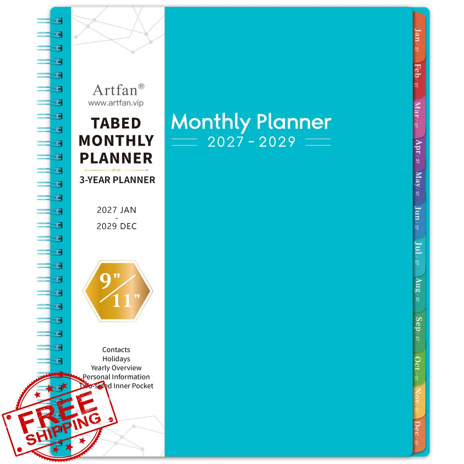 Artfan 2027-2029 Monthly Planner 9″x11″ Teal