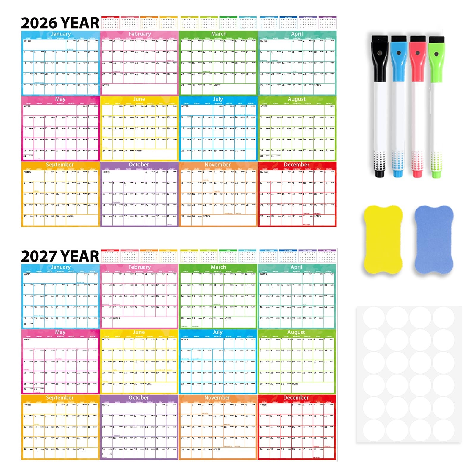 2026-2027 Large Dry Erase Calendar for Wall 48″ x 32″ x 32″, Colorful