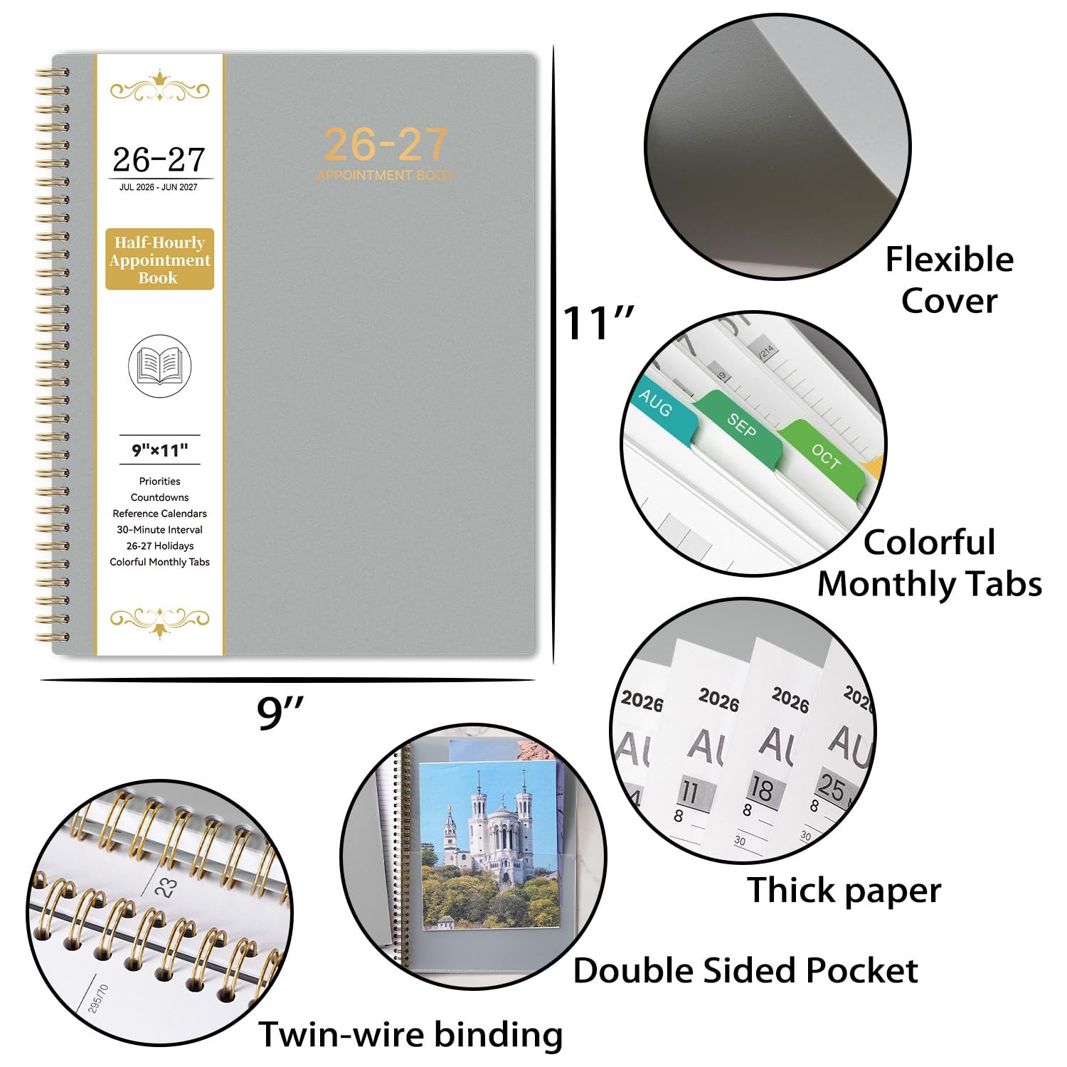 2026-2027 Appointment Book/Planner – Weekly & Monthly 9×11 inches, Grey