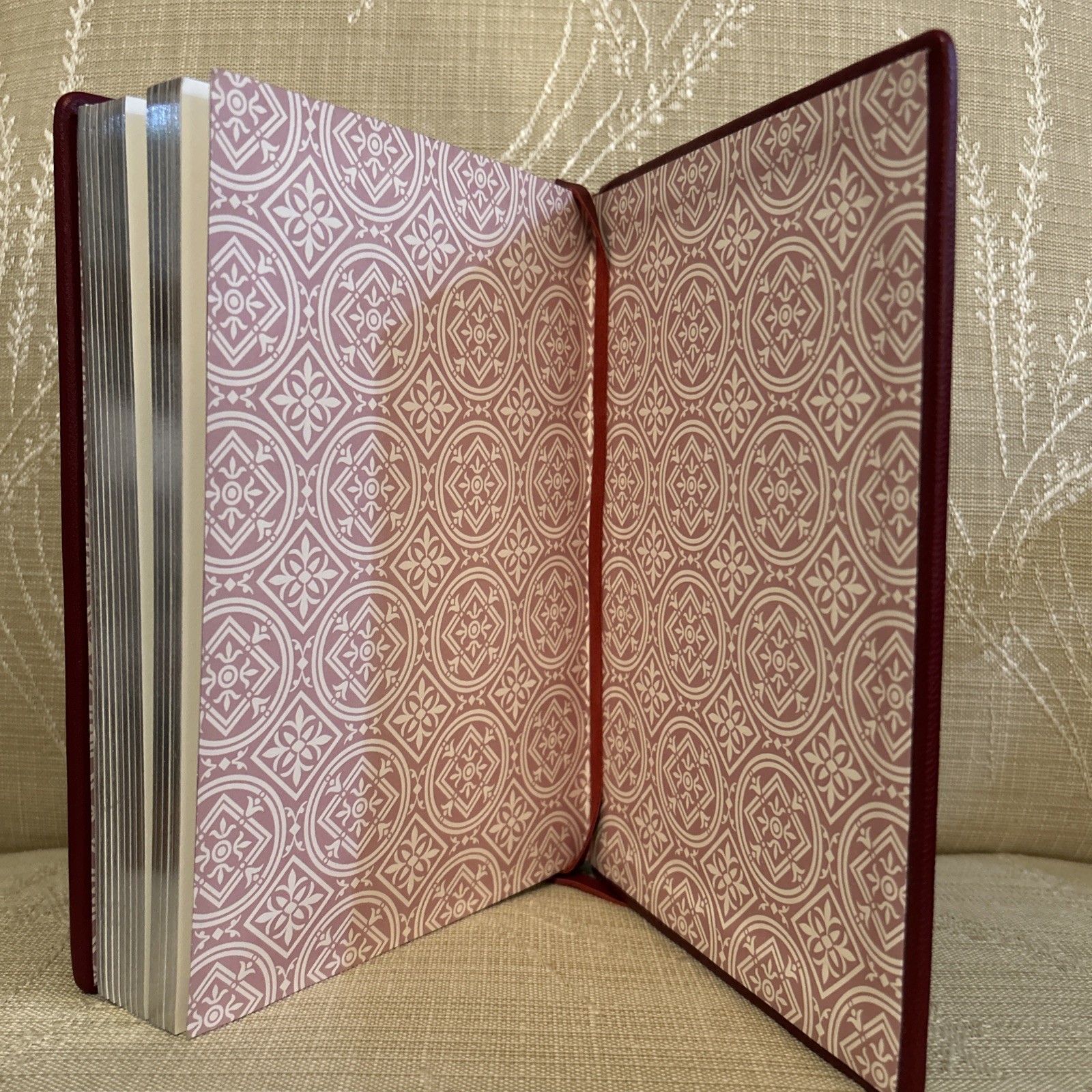 NEW Red Embossed Leather Lined Journal 6 x 9” Fleur-de-lis, Silver Edged Pages
