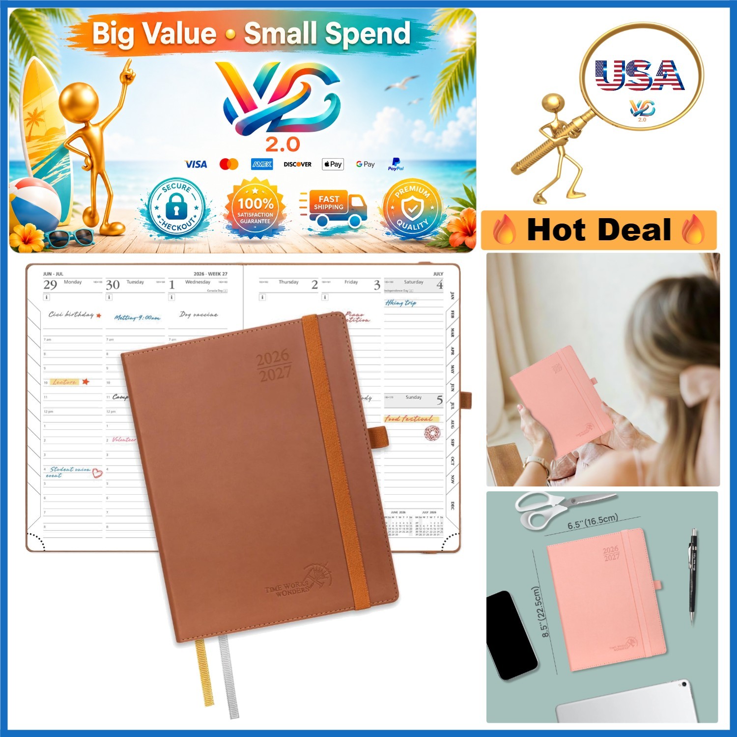 Academic Planner 2026-2027 Leather Soft Cover 6.5×8.5 Appointment Book Brown