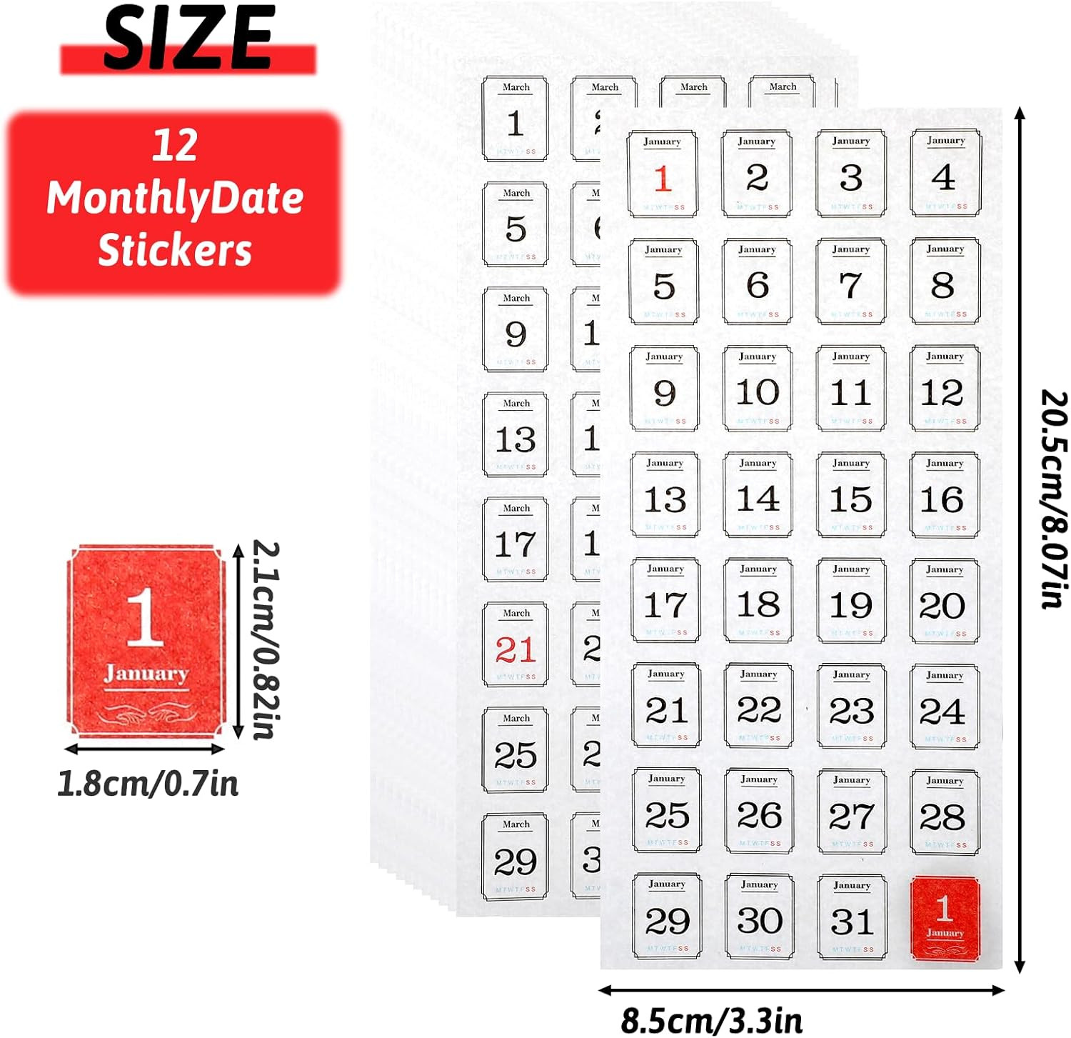 12 Monthly Calendar Stickers for Planners, Undated Calendars, Journals & Noteboo