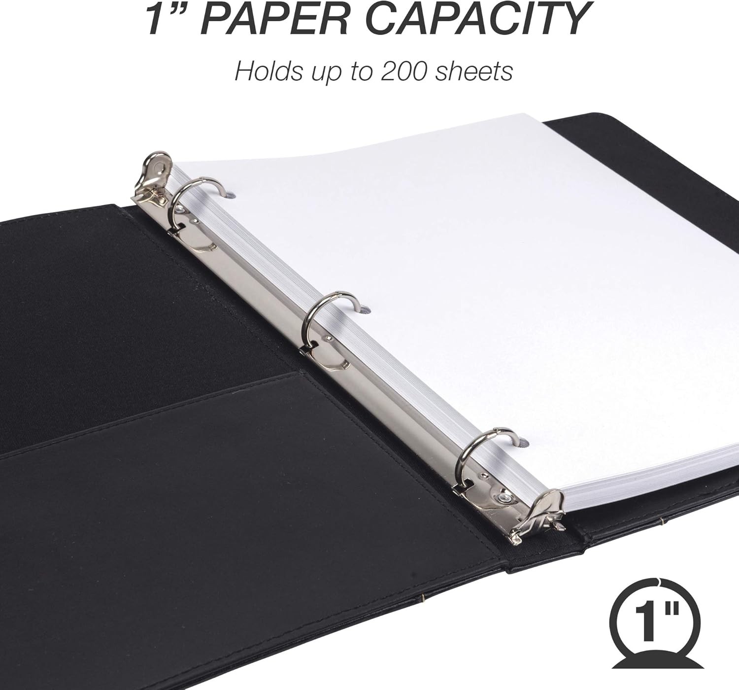 Samsill 1 Inch 3 Ring Binder, Leather, Black with Contrast Stitching, 8.5X 11 In