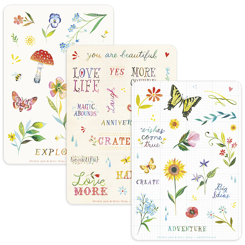 168 planner stickers featuring wildflowers, mushrooms, birds by Katie Daisy