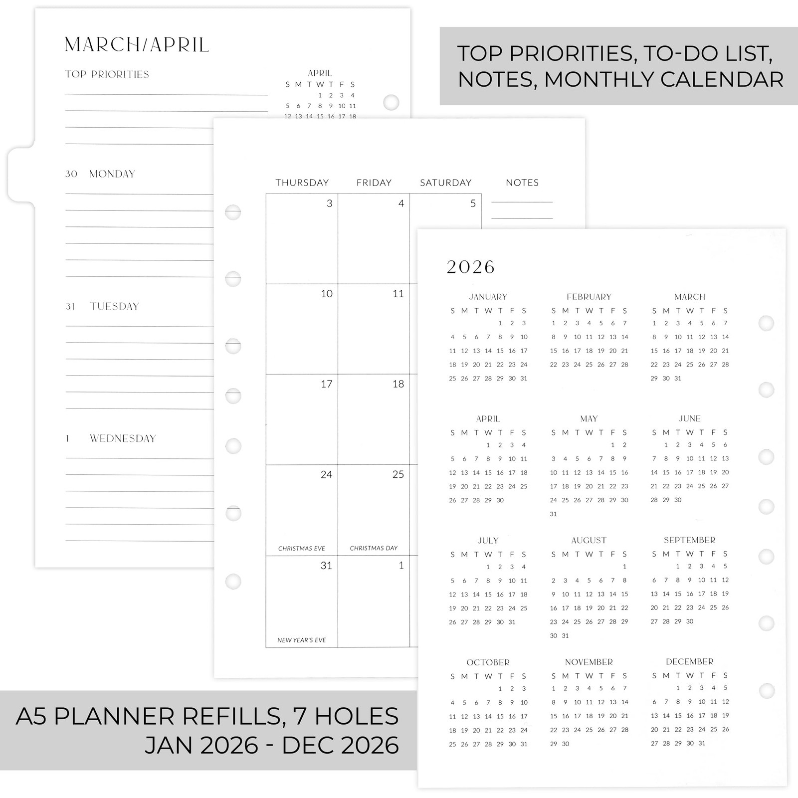 2026 A5 Daily Planner Refill Inserts for 7 Ring Binder Monthly Calendar Tabs …