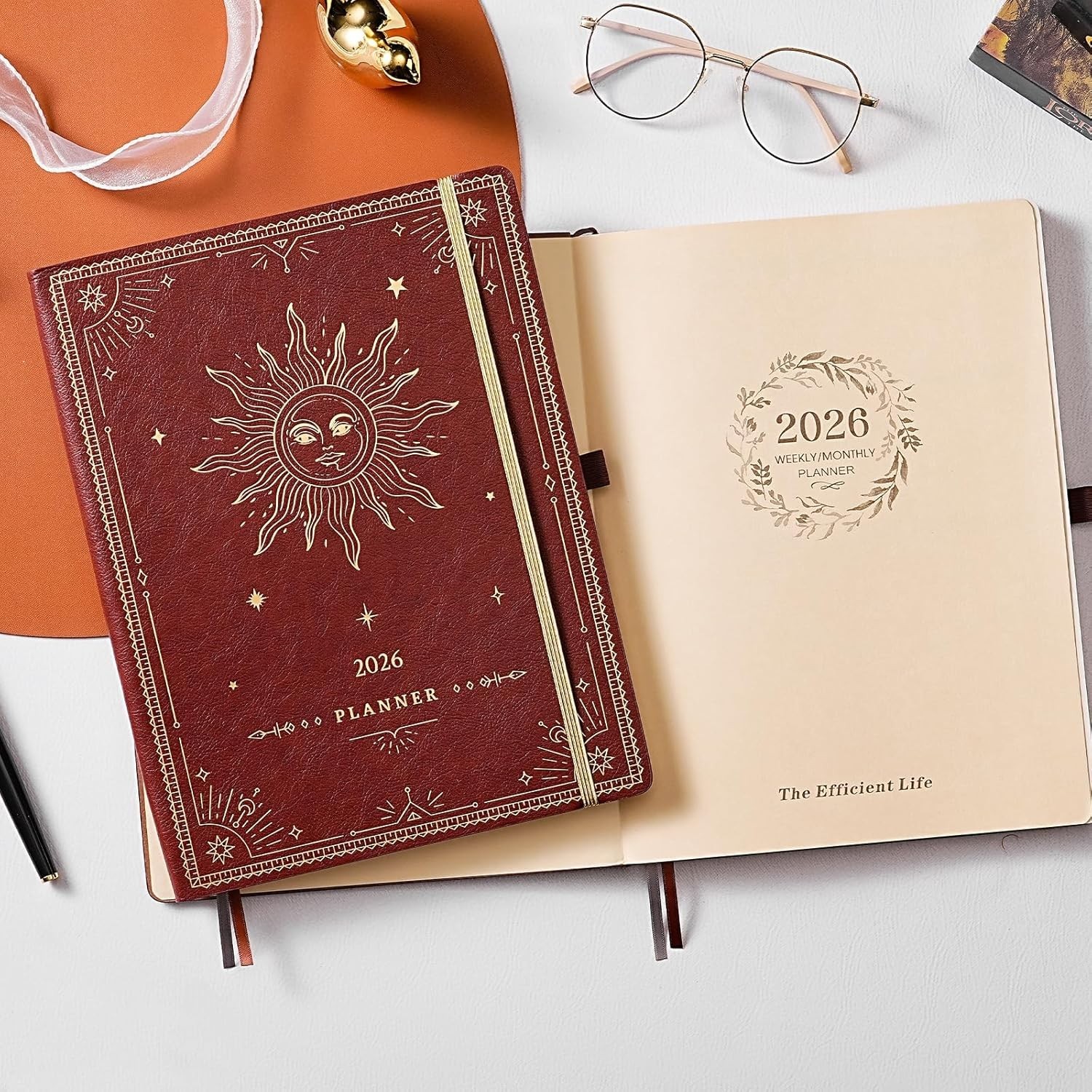 Elegant 2026 Leather Planner – 9″x11″, Weekly & Monthly Layouts Plus Accessories