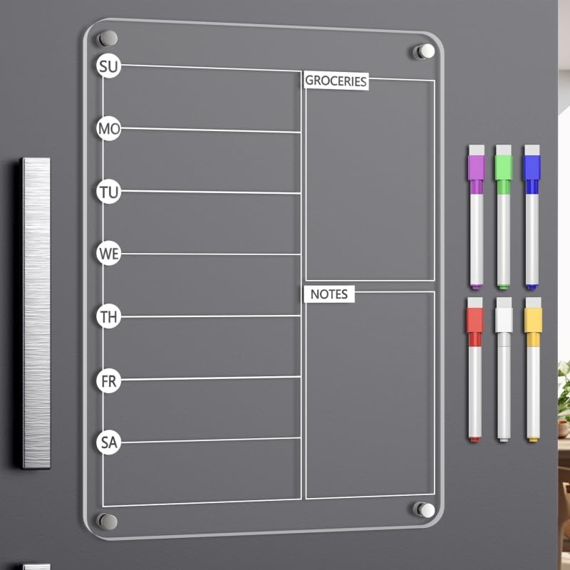 Acrylic Meal Planner Magnetic Menu Board for Kitchen 13″W x 9″H, Clear