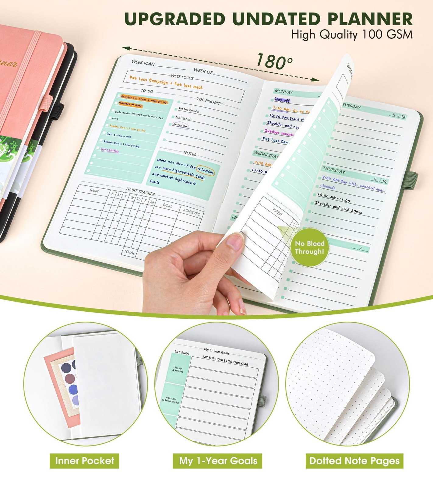 Undated A5 Weekly Monthly Planner Hardcover Leather Goal Habit Tracker Green