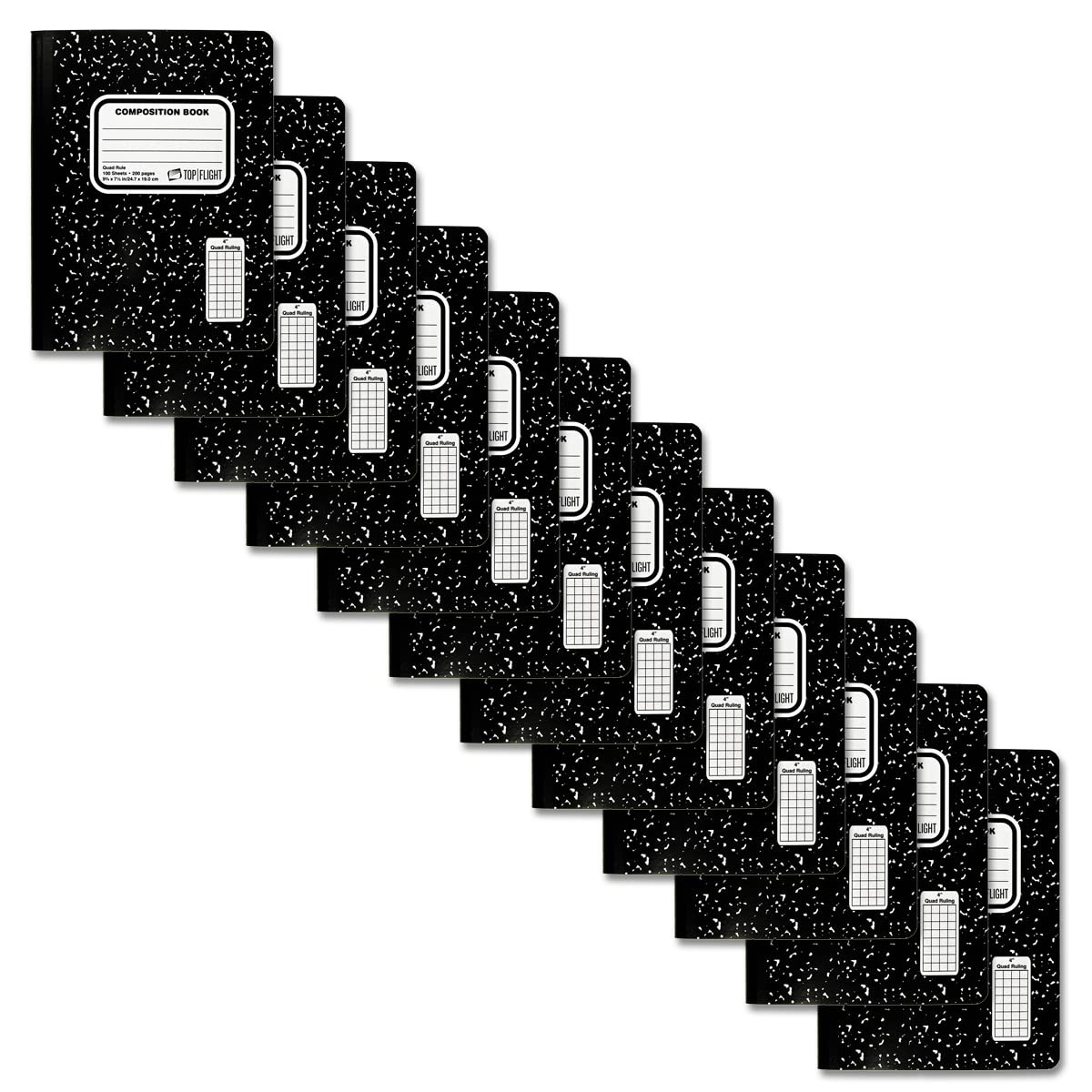 Top Flight Sewn Marble Composition Book, Black/White, Quad Rule, 4 Black