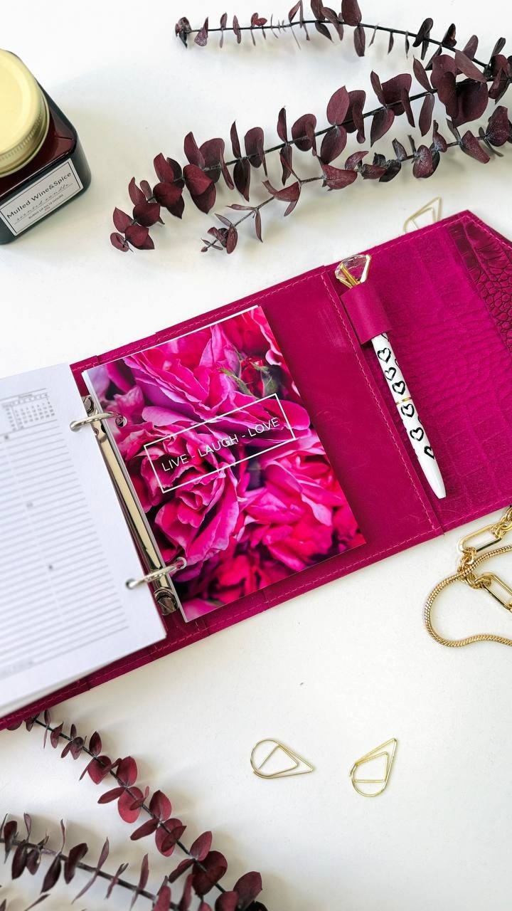 Pink leather notebook cover A7 binde rings mini wallet. Dated planner gift.