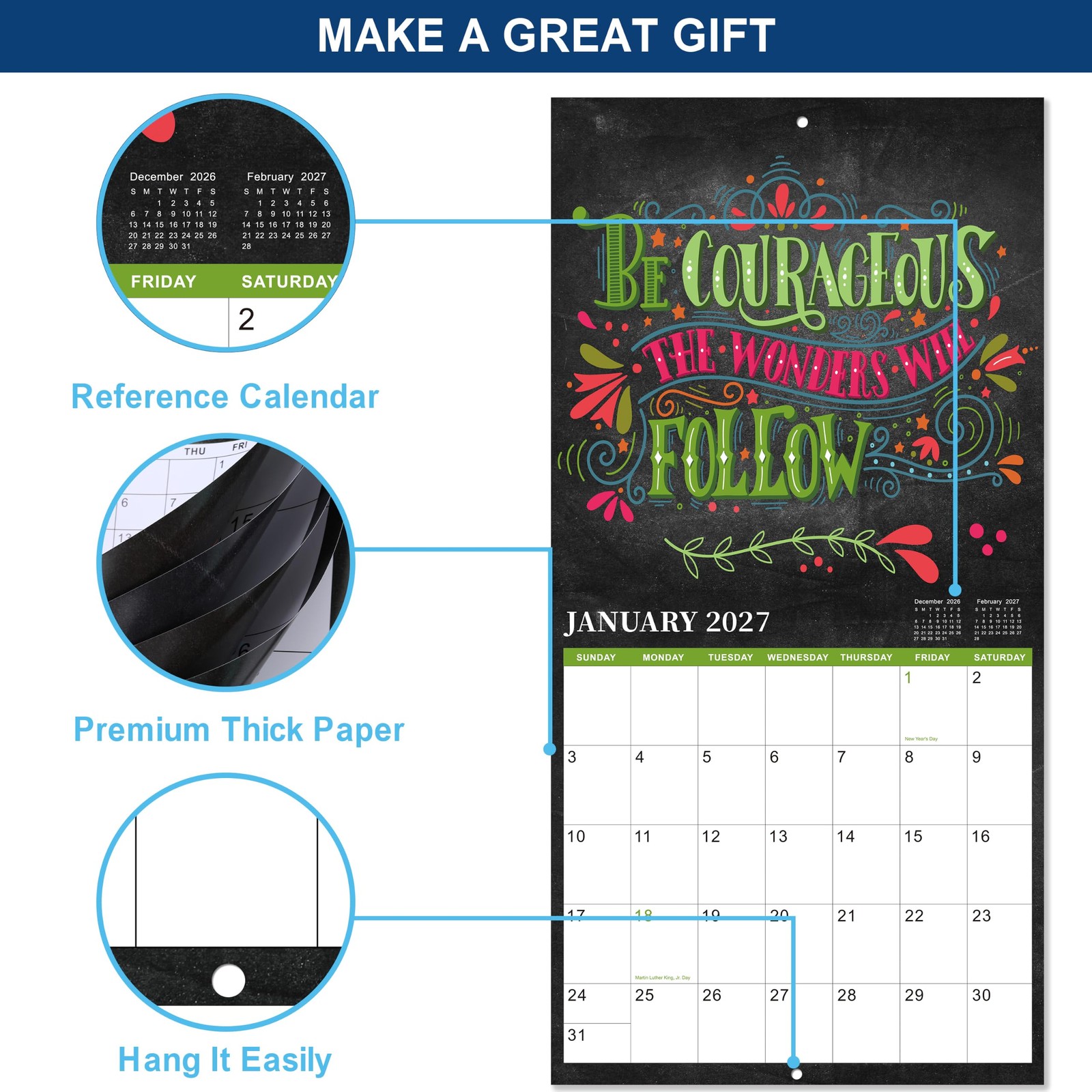 2027 Calendar – Wall 2027, Jan. 2027 – Dec. 12″ x 24″, Black