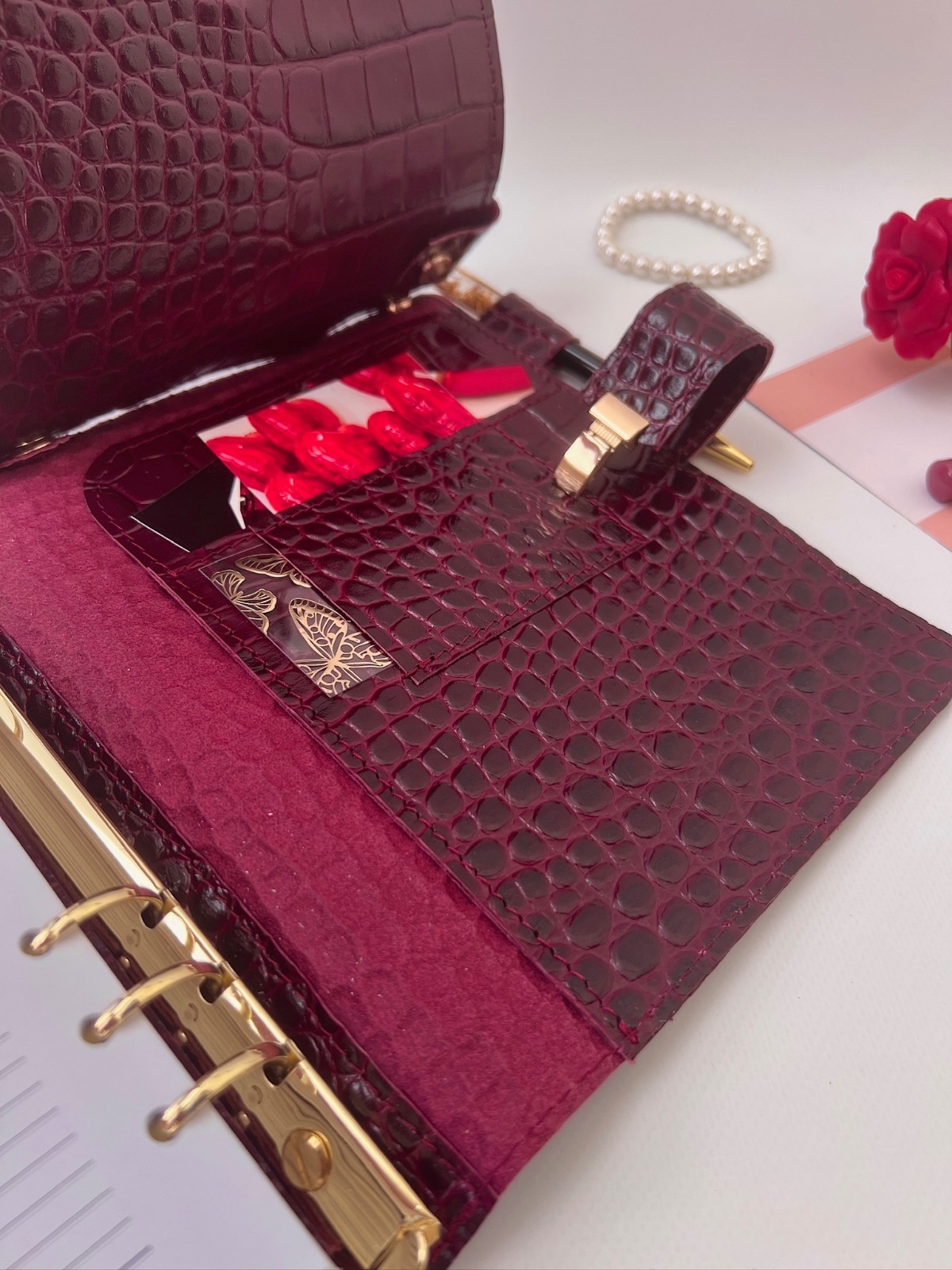 Burgundy Leather notebook cover A5 big binder 6 rings. Dated 2026 Planner.