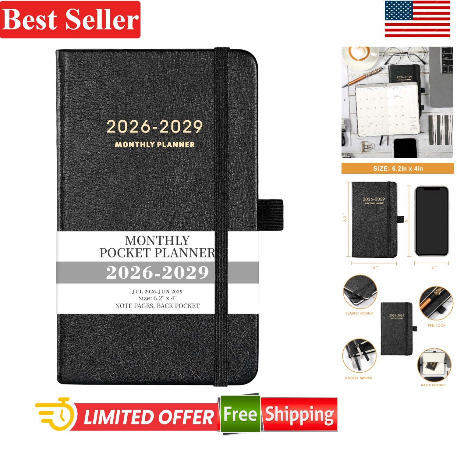 Pocket Planner 2026-2029 Monthly Calendar 6.2 X 4 Inches Leather Black