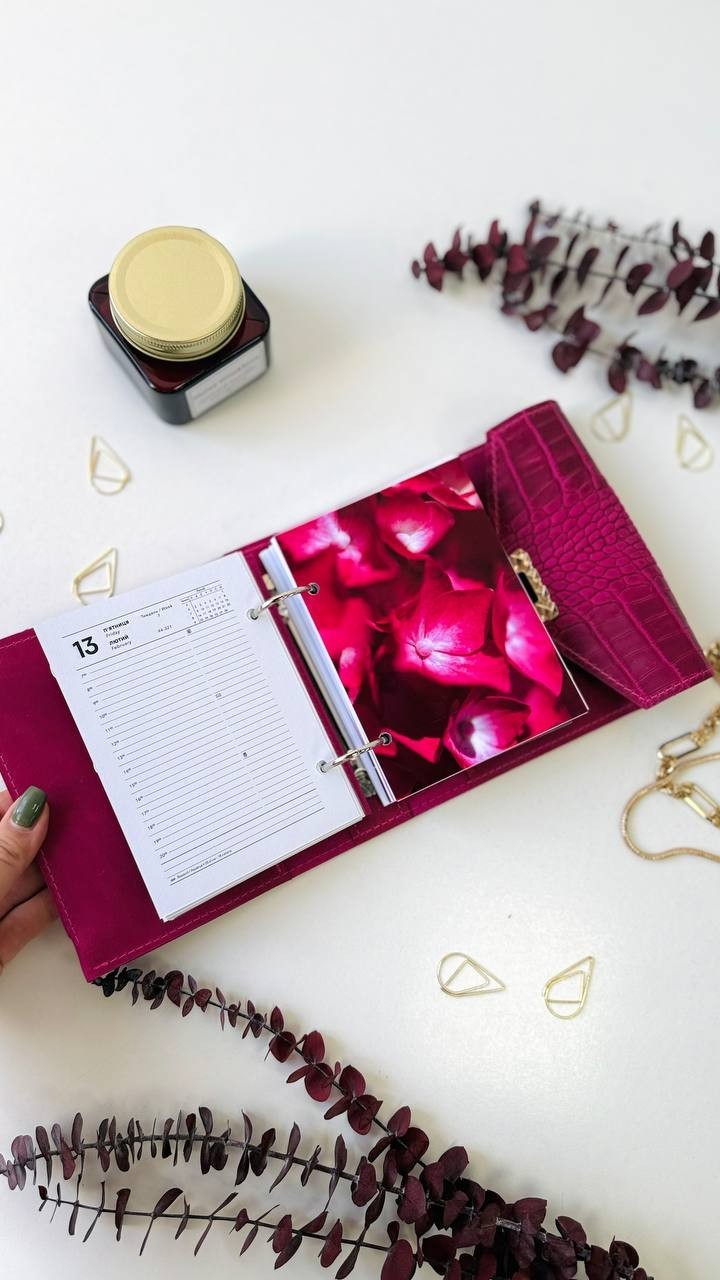 Pink leather notebook cover A7 binde rings mini wallet. Dated planner gift.