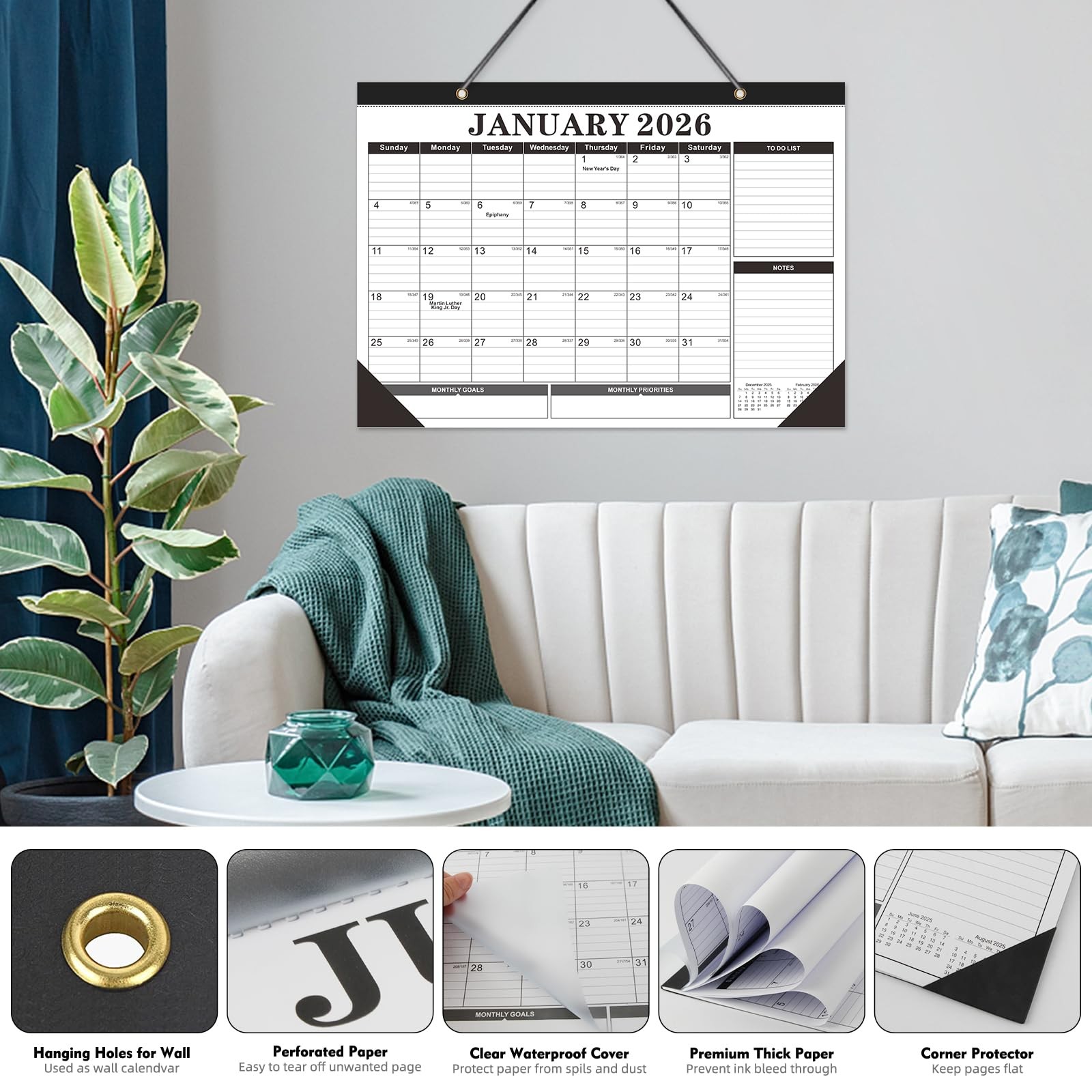 Tcamp 2026 Calendar, Desk Calendar 17″x12″(Jan 2026-Jun 2027), Black+White