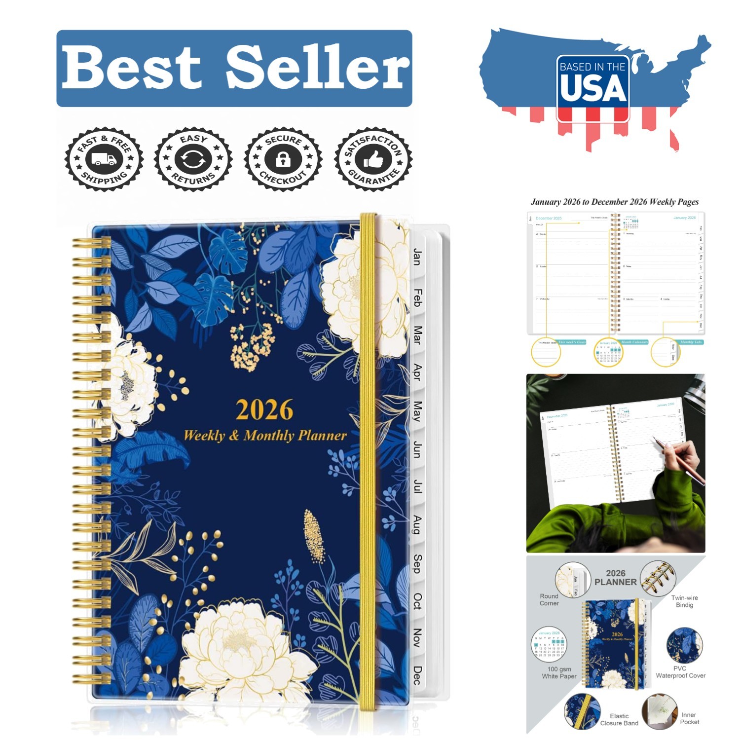 2026 Planner with Inner Pocket, Spiral Bound, Stylish Blue, 6.4″ x 8.5″